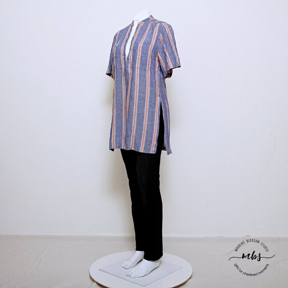 A.L.C. Striped V Neck Short Sleeve Linen Blend Long Tunic - Picture 1 of 9